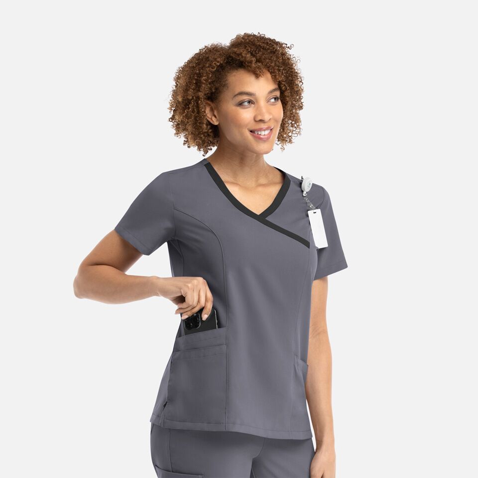 Momentum-by-Maevn_5004-WomensMockWrapTopWithContrastTrim-Pewter-PEW-01-Maevn-Scrubs